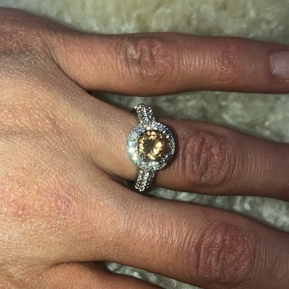 SILVER Tone Simulated Morganite Halo Ring w Filigree Setting Sturdy Costume s7 - Picture 4 of 6